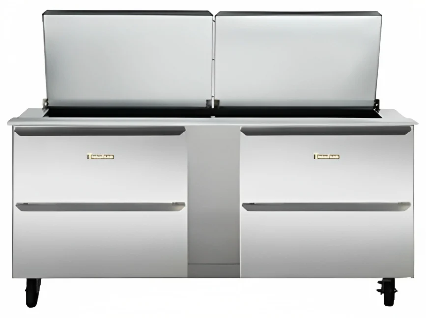 Traulsen UST7230-DD-SB 2-Section 4 Drawer Refrigerated Salad/Sandwich Prep Table with Low Profile Flat Lid & Stainless Steel Back 72" - Holds (30) 1/6 Size Pans - 20 cu. ft. - 115v