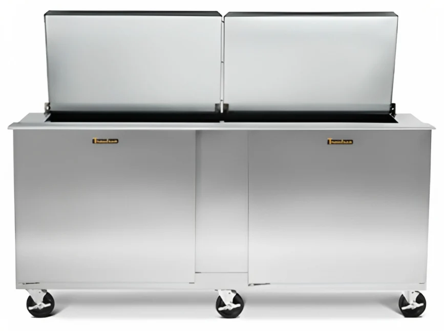 Traulsen UST7230-LL-SB 2-Section Left/Left Hinged 2 Door Refrigerated Salad/Sandwich Prep Table with Low Profile Flat Lid & Stainless Steel Back 72" - Holds (30) 1/6 Size Pans - 20 cu. ft. - 115v