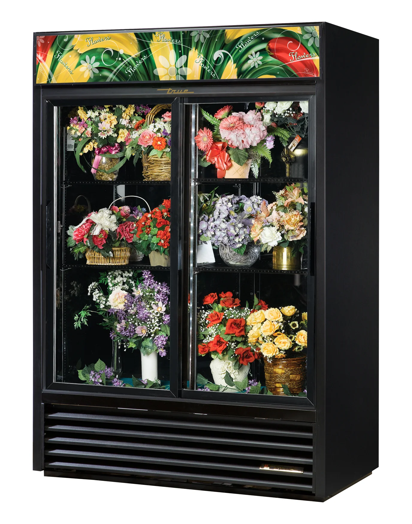 True GDM-47FC-HC-LD Black 2 Glass Sliding Door Floral Merchandiser Refrigerator 54" - 115v