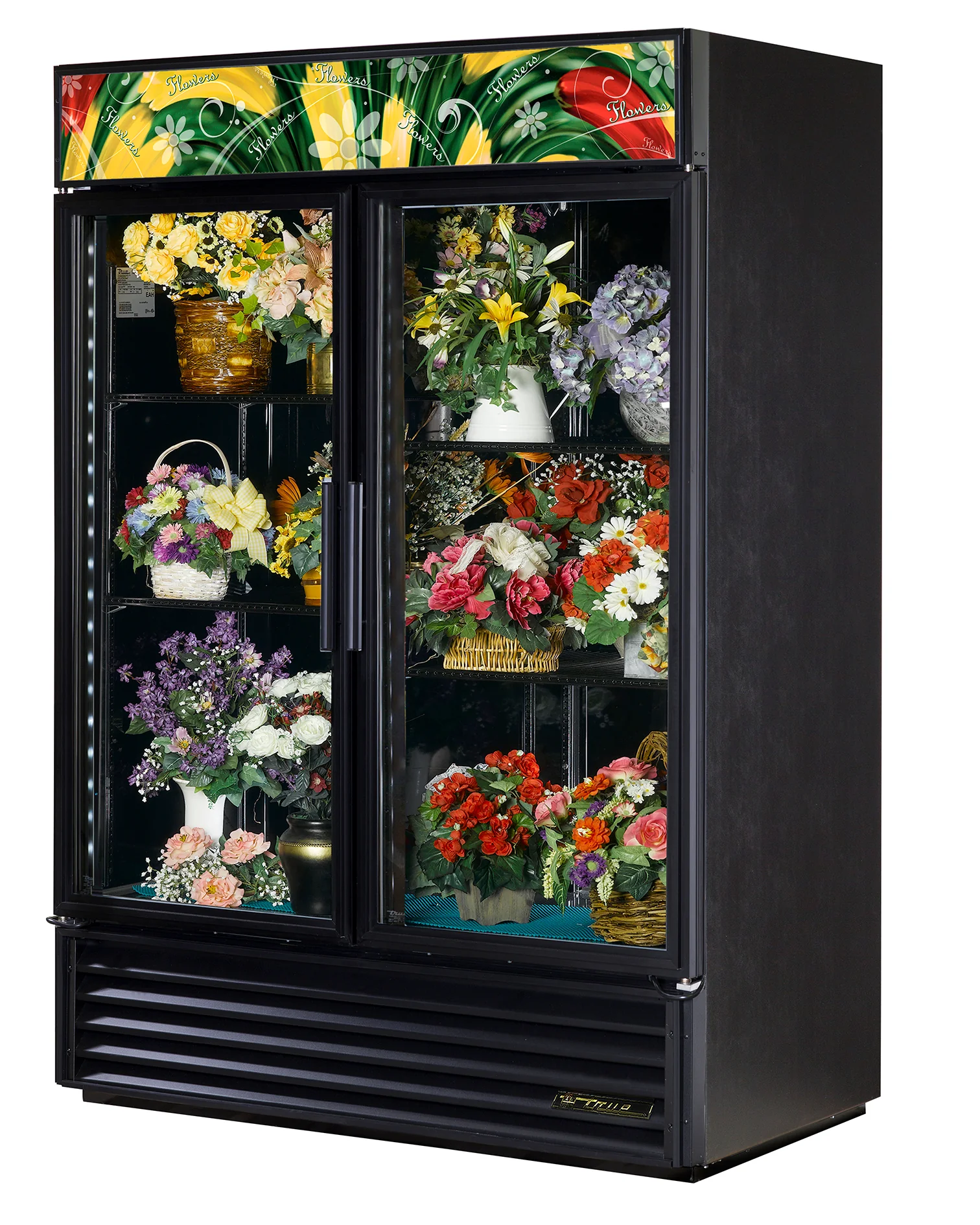 True GDM-49FC-HC~TSL01 Black 2 Glass Swing Door Floral Merchandiser Refrigerator 54" - 115v