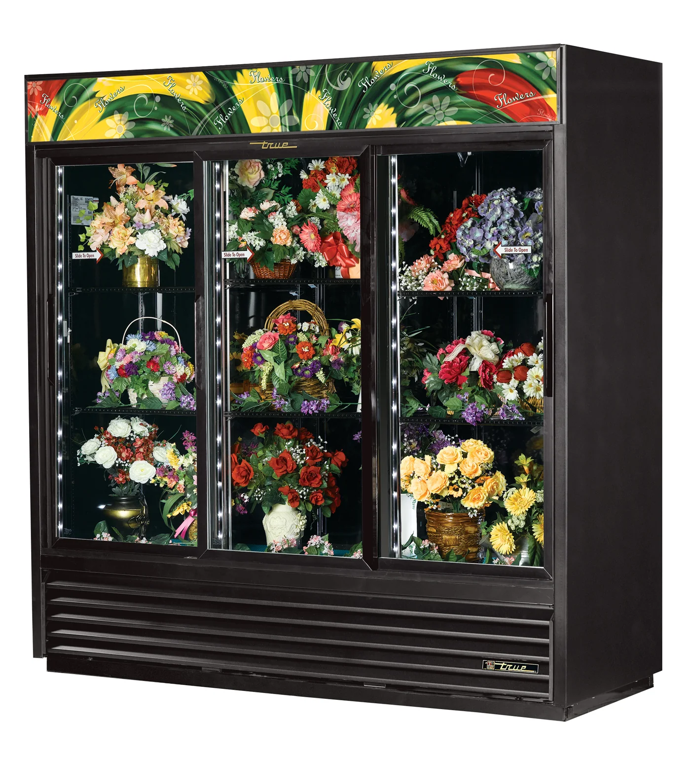 True GDM-69FC-HC-LD Black 3 Glass Sliding Door Floral Merchandiser Refrigerator 78" - 115v