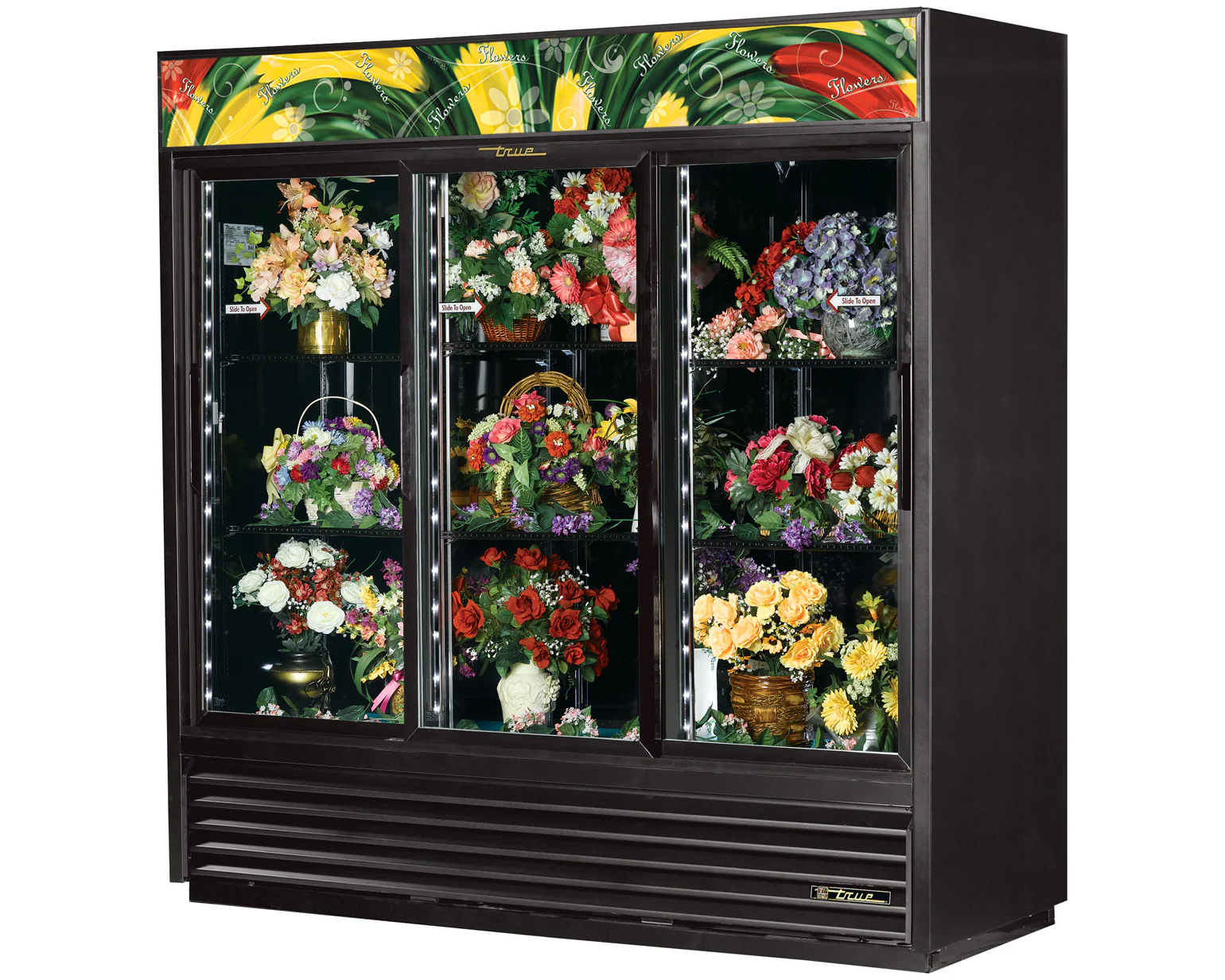 True GDM-72FC-HC~TSL01 Black 3 Glass Swing Door Floral Merchandiser Refrigerator 78" - 115v