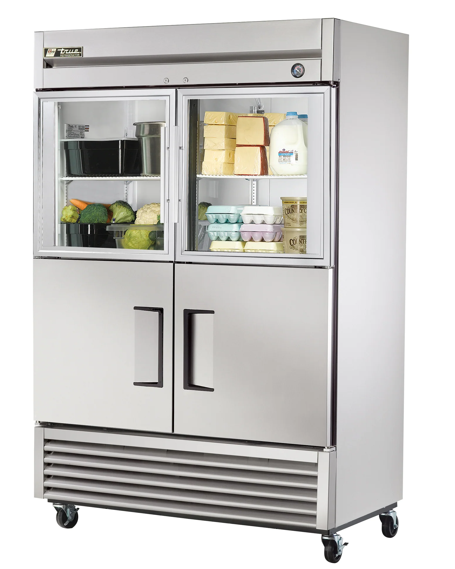 True T-49-2-G-2-HC~FGD01 2-Section Left/Right Hinged 2 Glass Top / 2 Solid Bottom Half Door Reach-In Refrigerator 54" - 115v