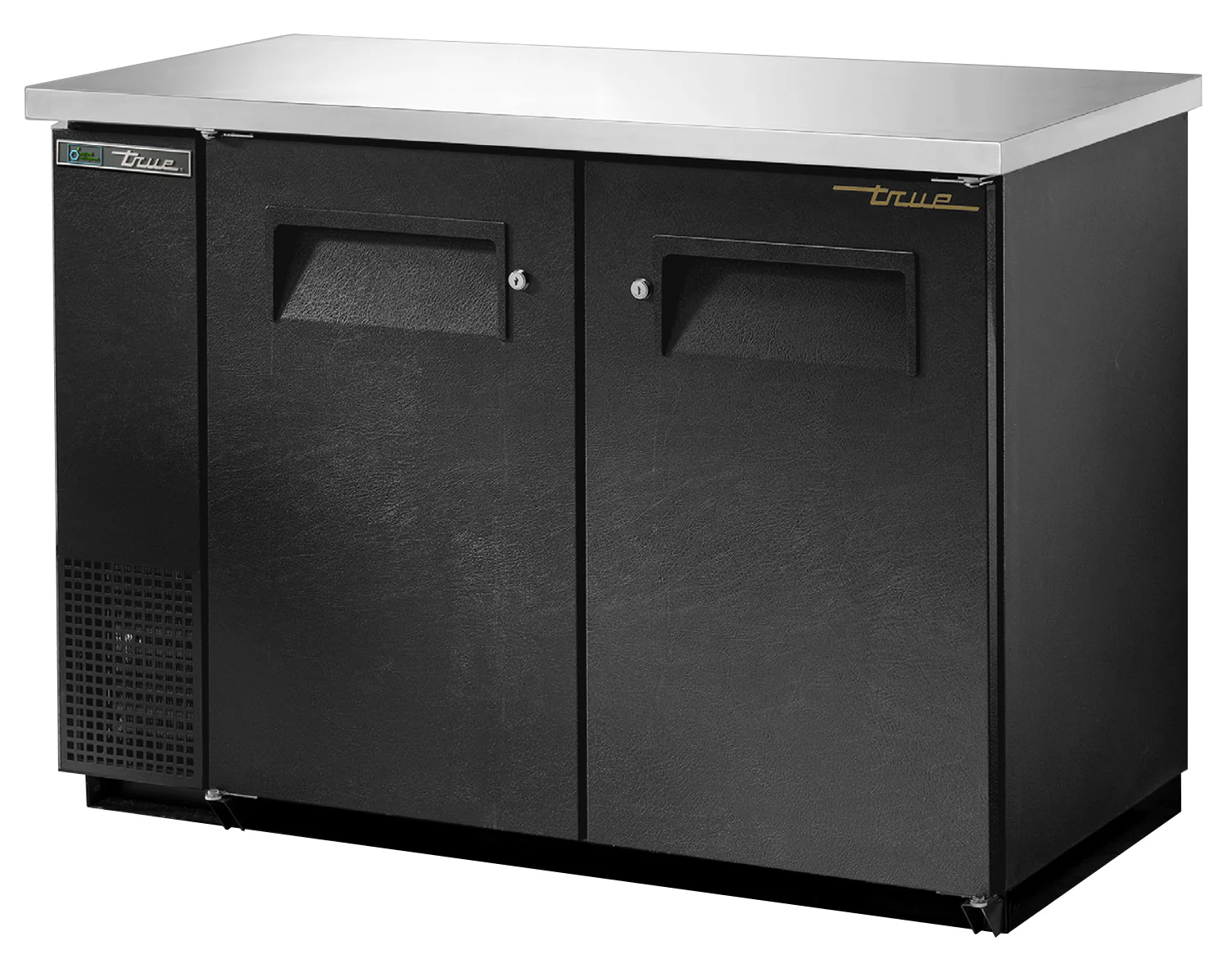 True TBB-24-48-HC Black 2 Solid Swing Door 24" Deep Back Bar Refrigerator 49" - Holds (48) 6-Packs or 2 Half Barrels