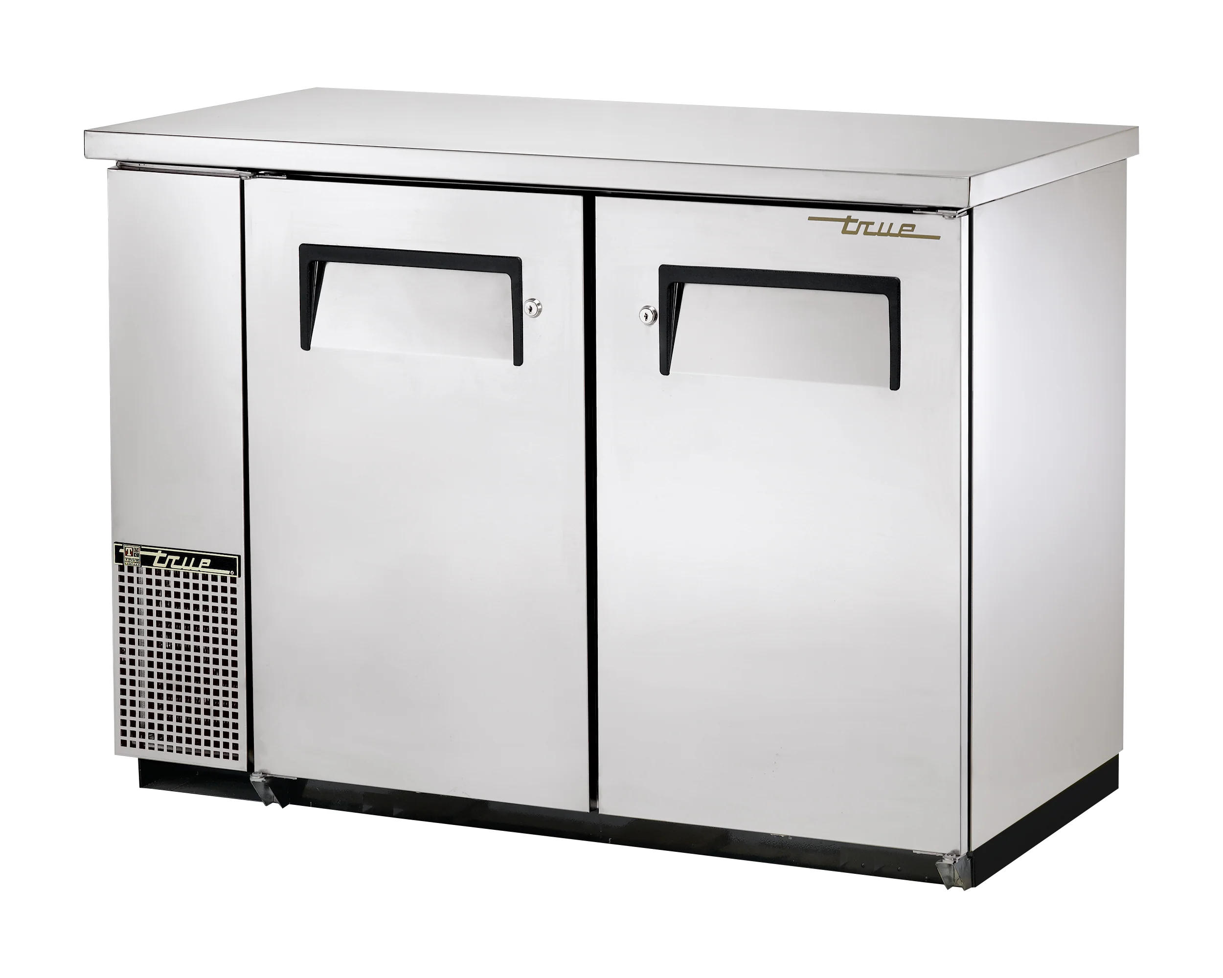 True TBB-24-48-S-HC Stainless Steel 2 Solid Swing Door 24" Deep Back Bar Refrigerator 49" - Holds (48) 6-Packs or (2) Half Barrels - 115v