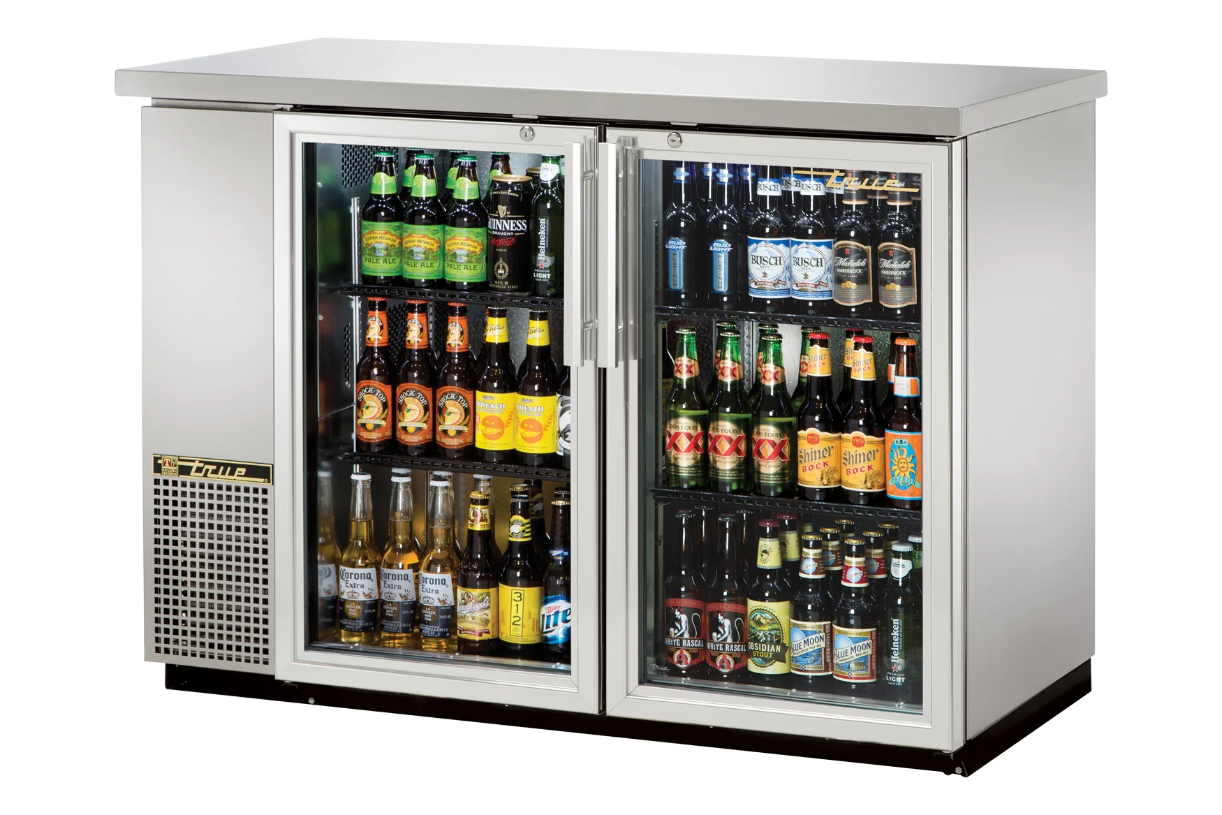 True TBB-24-48G-S-HC-LD Stainless Steel 2 Glass Swing Door 24" Deep Back Bar Refrigerator 49" - Holds (48) 6-Packs or (2) Half Barrels - 115v