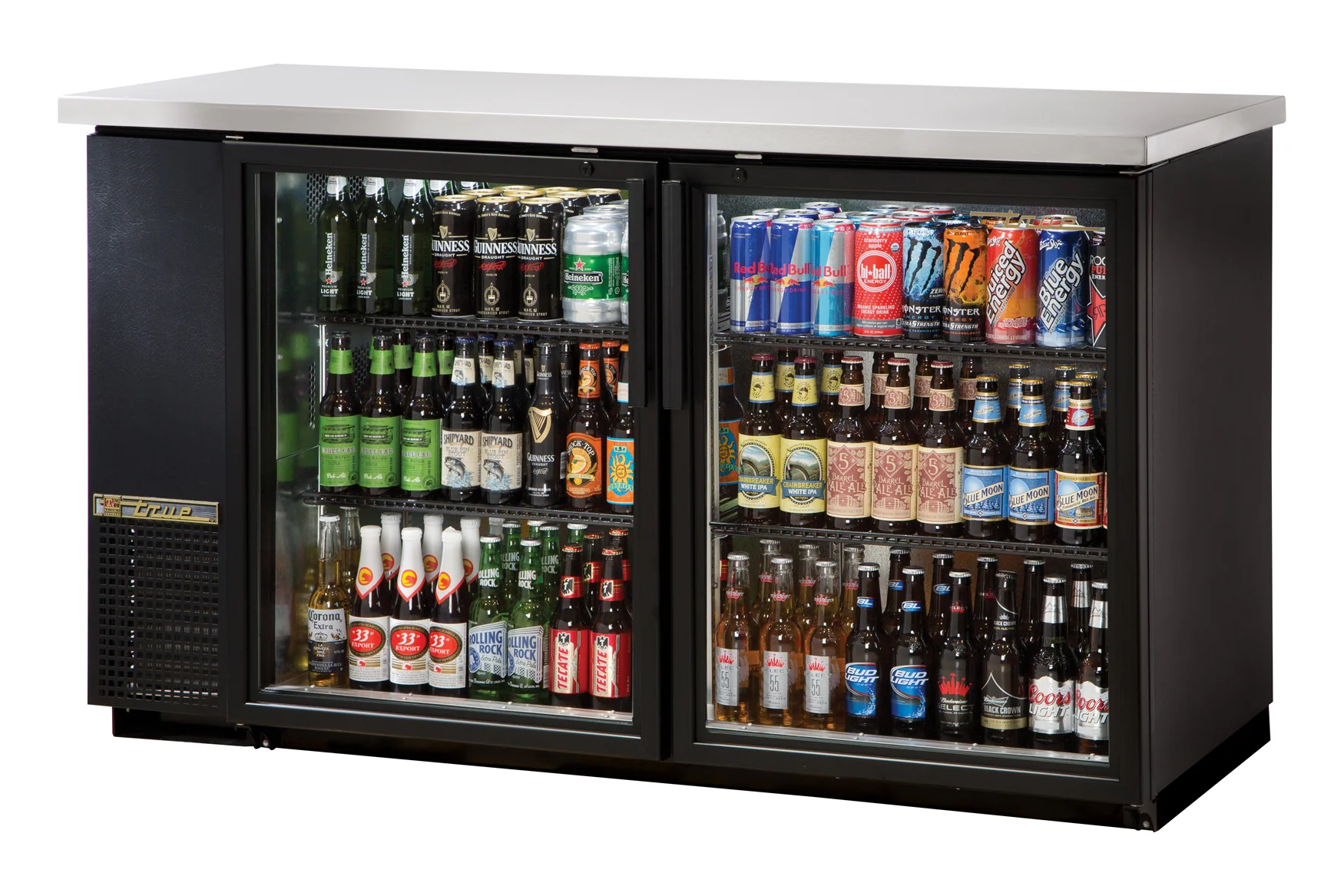 True TBB-24-60G-HC-LD Black 2 Glass Swing Door 24" Deep Back Bar Refrigerator 61" - Holds (48) 6-Packs or (2) Half Barrels - 115v