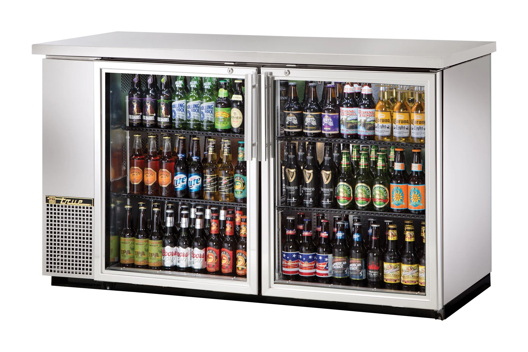 True TBB-24-60G-S-HC-LD Stainless Steel 2 Glass Swing Door 24" Deep Back Bar Refrigerator 61" - Holds (48) 6-Packs or (2) Half Barrels - 115v