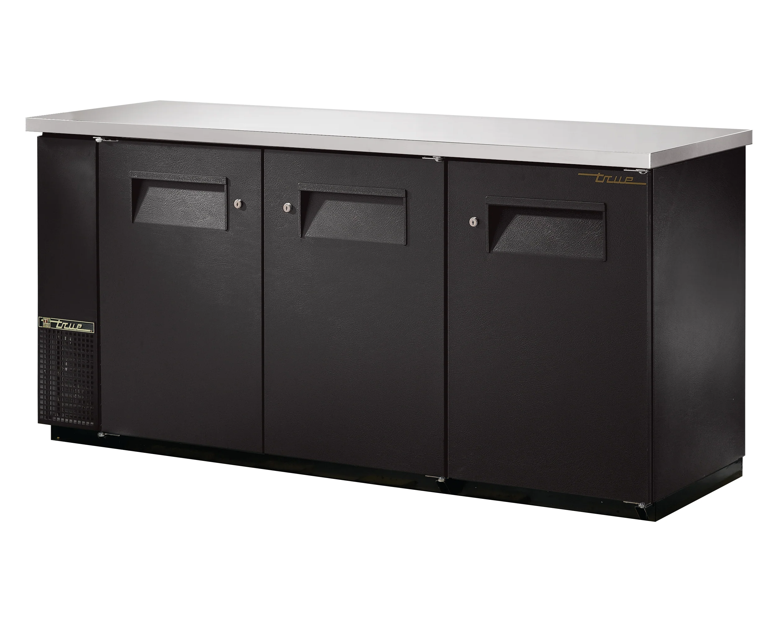 True TBB-24-72-HC Black 3 Solid Swing Door 24" Deep Back Bar Refrigerator 73" - Holds (84) 6-Packs or (3) Half Barrels - 115v