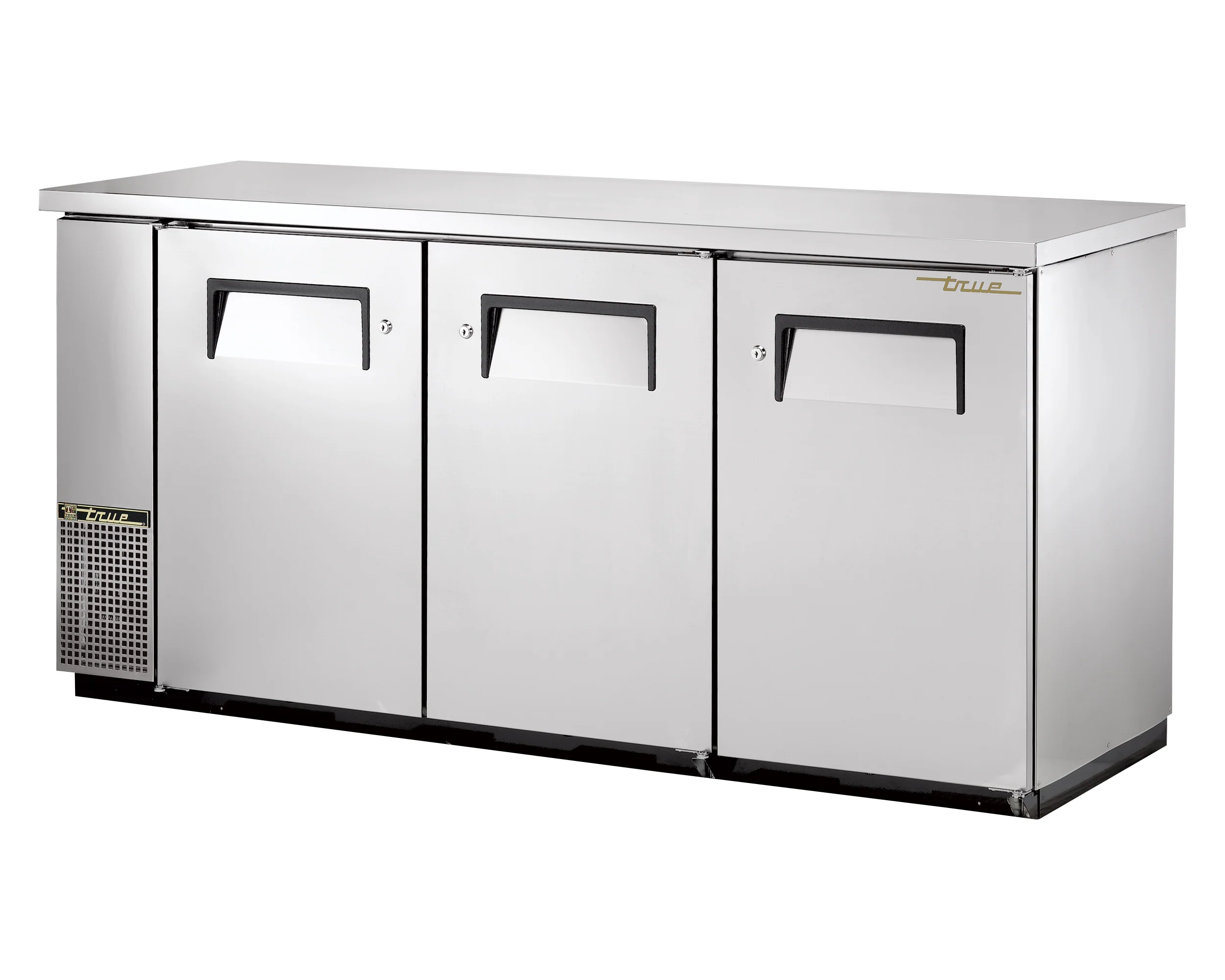 True TBB-24-72-S-HC Stainless Steel 3 Solid Swing Door 24" Deep Back Bar Refrigerator 36" - Holds (84) 6-Packs or (3) Half Barrel - 115v