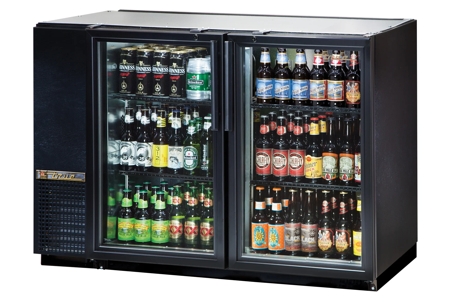 True TBB-24GAL-48G-HC-LD Black 2 Glass Swing Door 24" Deep Back Bar Refrigerator with Galvanized Top 48" - Holds (48) 6-Packs or (2) Half Barrels - 115v