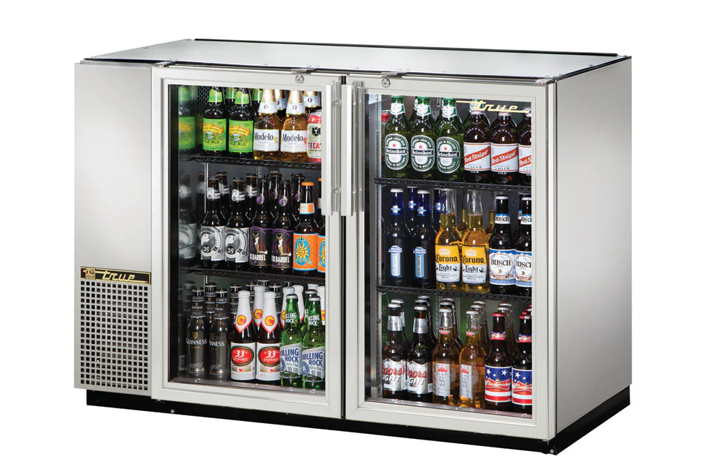 True TBB-24GAL-48G-S-HC-LD Stainless Steel 2 Glass Swing Door 24" Deep Back Bar Refrigerator with Galvanized Top 72" - Holds (48) 6-Packs or (2) Half Barrels - 115v