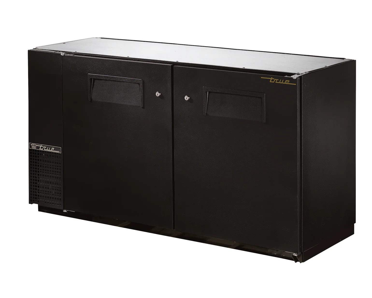 True TBB-24GAL-60-HC Black 2 Solid Swing Door 24" Deep Back Bar Refrigerator with Galvanized Top 60" - Holds (72) 6-Packs or (3) Half Barrels - 115v