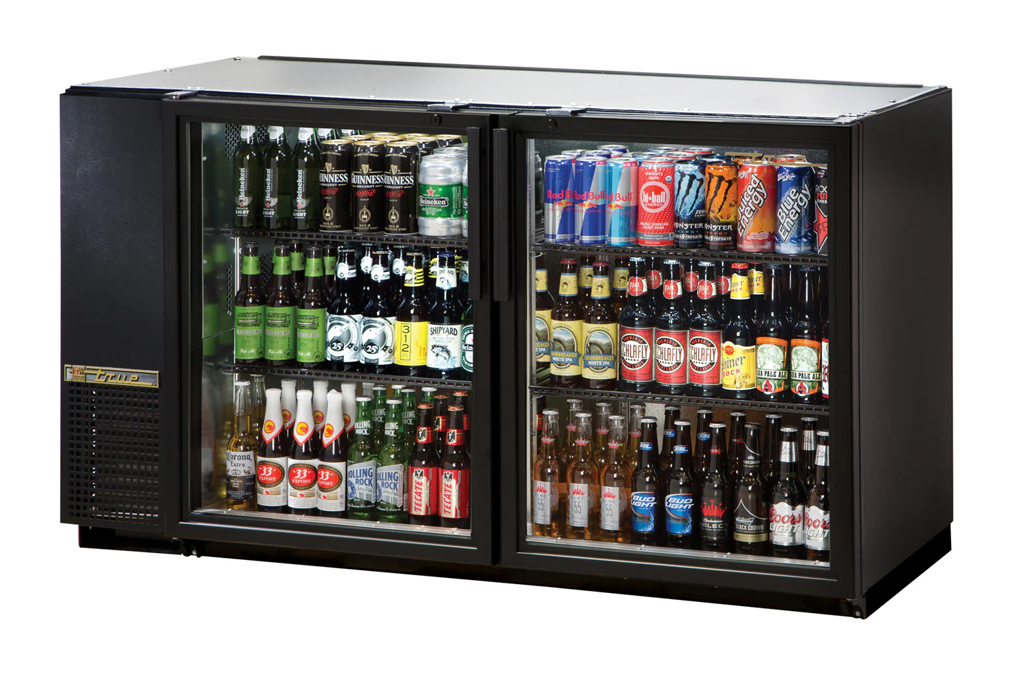 True TBB-24GAL-60G-HC-LD Black 2 Glass Swing Door 24" Deep Back Bar Refrigerator with Galvanized Top 60" - Holds (72) 6-Packs or (3) Half Barrels - 115v