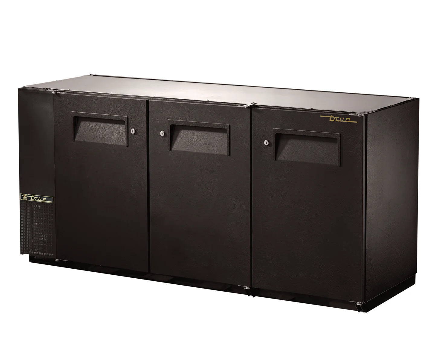 True TBB-24GAL-72-HC Black 3 Solid Swing Door 24" Deep Back Bar Refrigerator with Galvanized Top 72" - Holds (84) 6-Packs or (3) Half Barrels - 115v