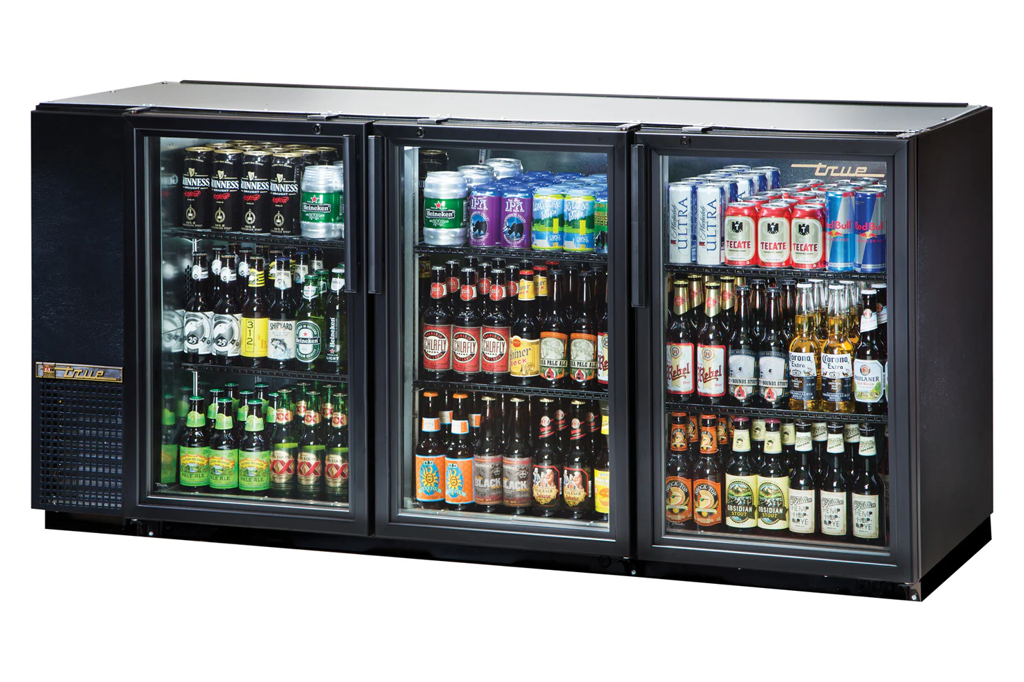True TBB-24GAL-72G-HC-LD Black 3 Glass Swing Door 24" Deep Back Bar Refrigerator with Galvanized Top 72" - Holds (84) 6-Packs or (3) Half Barrels - 115v
