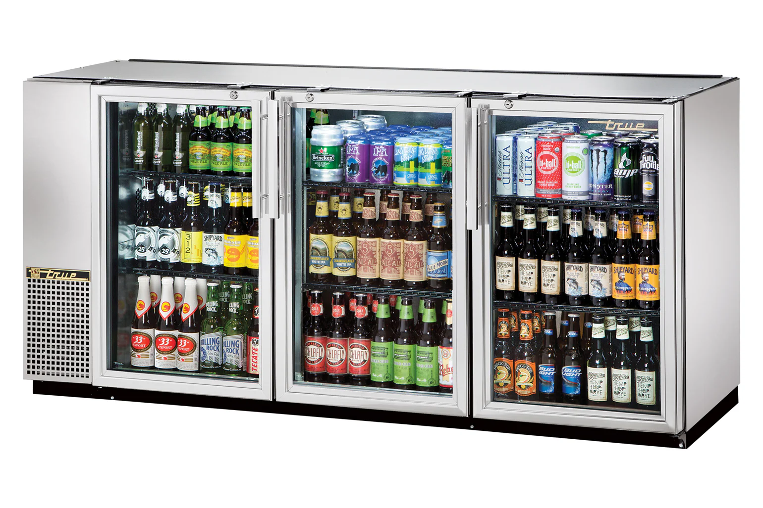 True TBB-24GAL-72G-S-HC-LD Stainless Steel 3 Glass Swing Door 24" Deep Back Bar Refrigerator with Galvanized Top 72" - Holds (84) 6-Packs or (3) Half Barrels - 115v