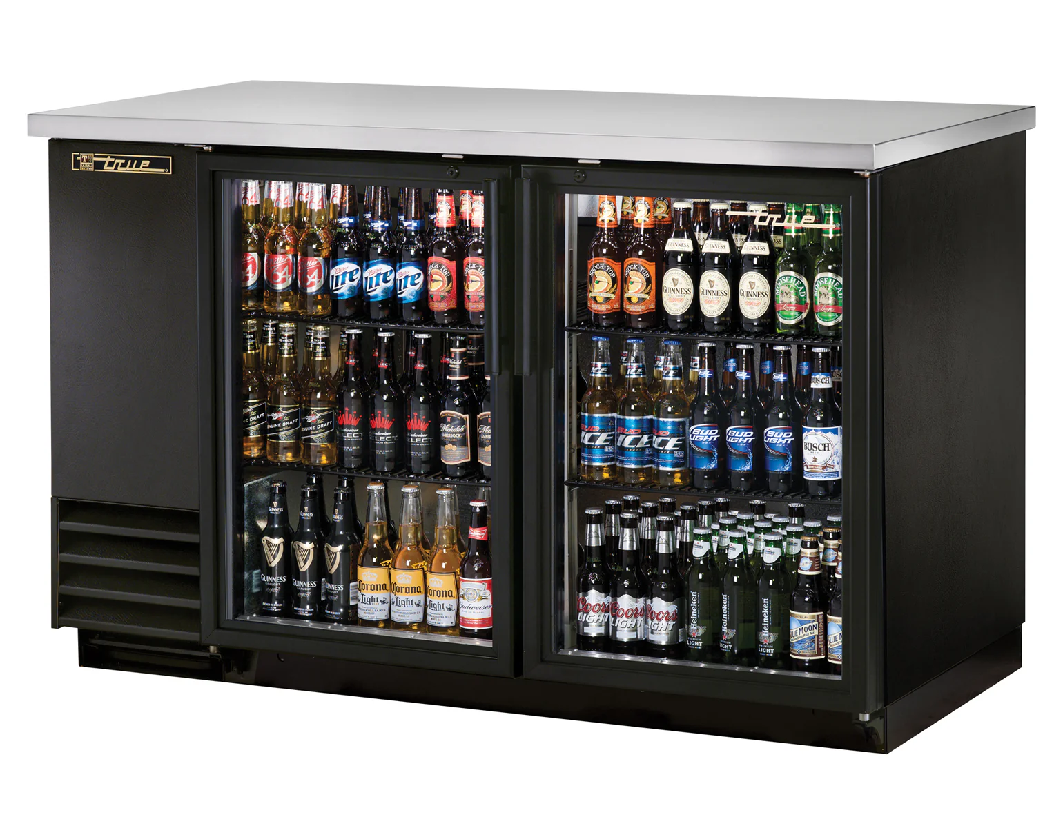 True TBB-2G-HD-LD Black 2 Glass Swing Door Back Bar Refrigerator 59" - Holds (88) 6-packs or (2) Half Barrels - 115v