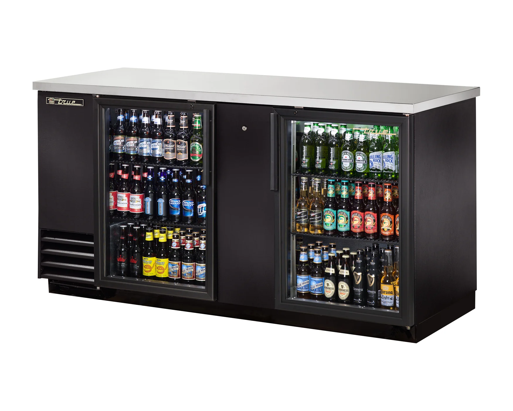 True TBB-3G-HC-LD Black 2 Glass Swing Door Back Bar Refrigerator 73" - Holds (112) 6-Packs or (3) Half Barrel - 115v