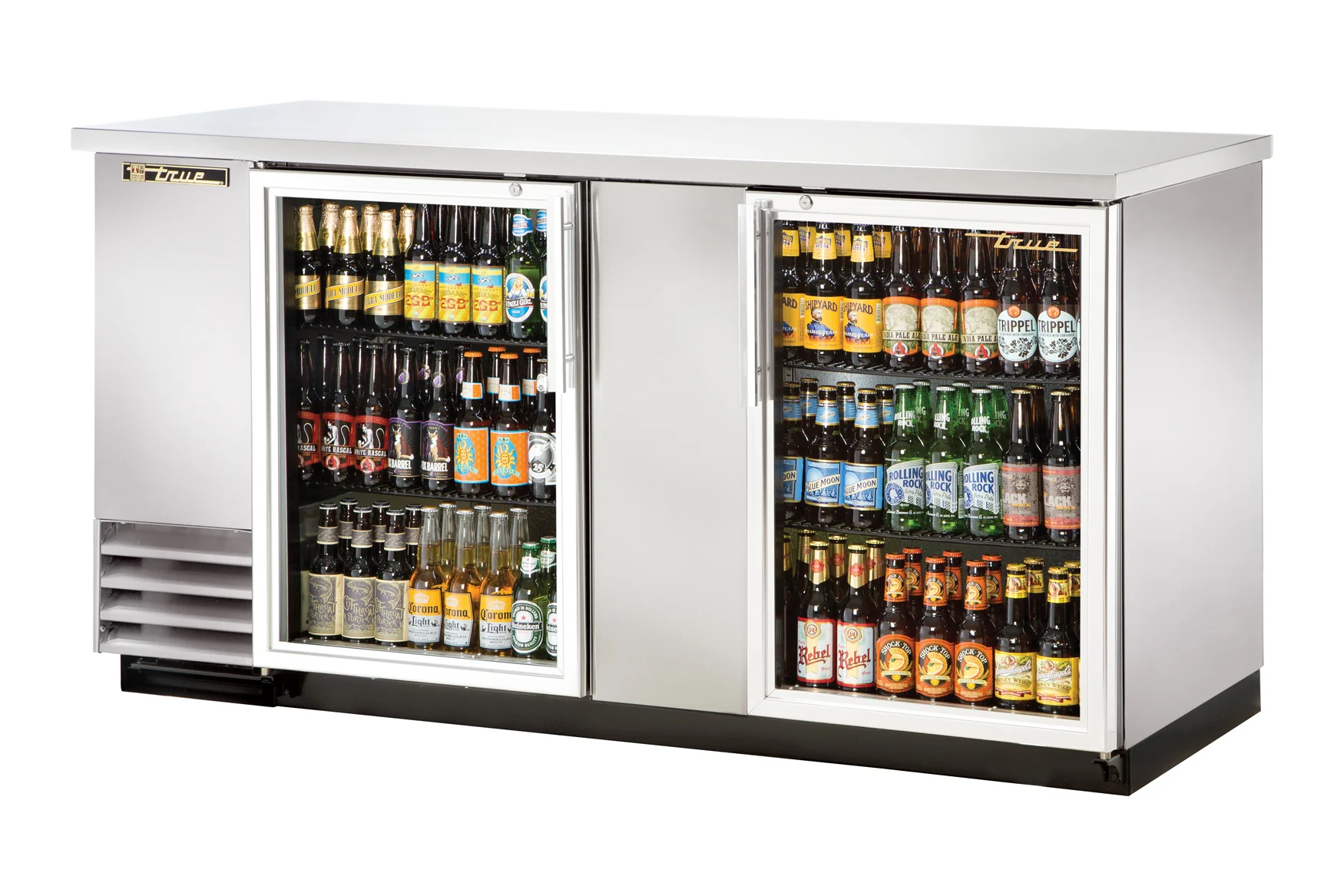 True TBB-3G-S-HC-LD Stainless Steel 2 Glass Swing Door Back Bar Refrigerator 69" - Holds (112) 6-Packs or (3) Half Barrels - 115v