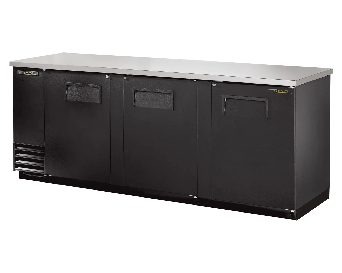 True TBB-4-HC Black 3 Solid Swing Door Back Bar Refrigerator 90" - Holds (152) 6-Packs or (4) Half Barrels - 115v