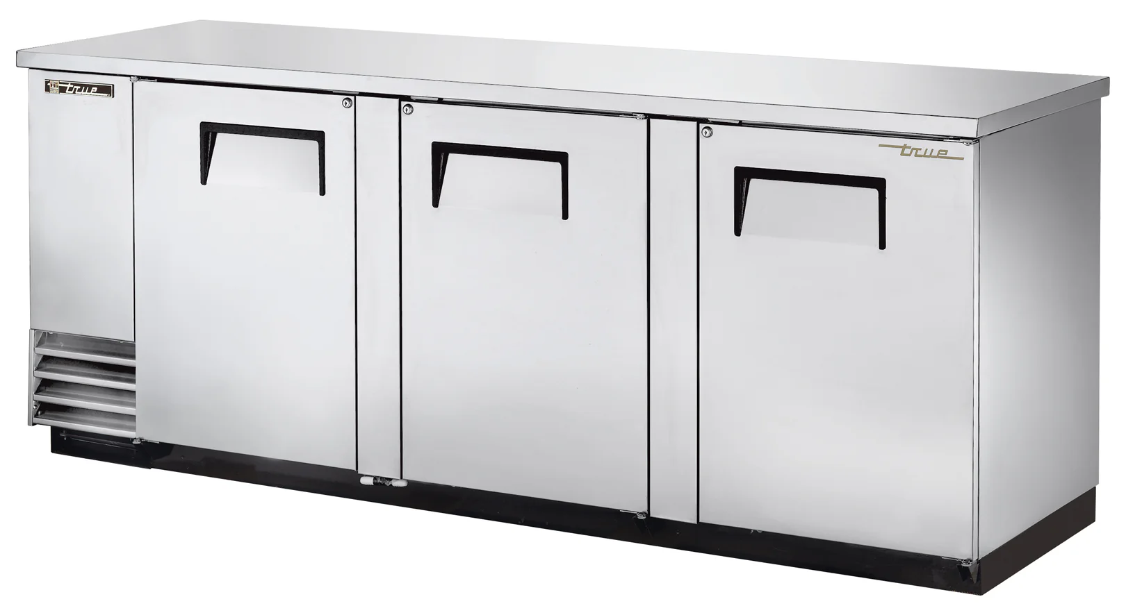 True TBB-4-S-HC Stainless Steel 3 Solid Swing Door Back Bar Refrigerator 90" - Holds (152) 6-packs or (4) Half Barrels - 115v