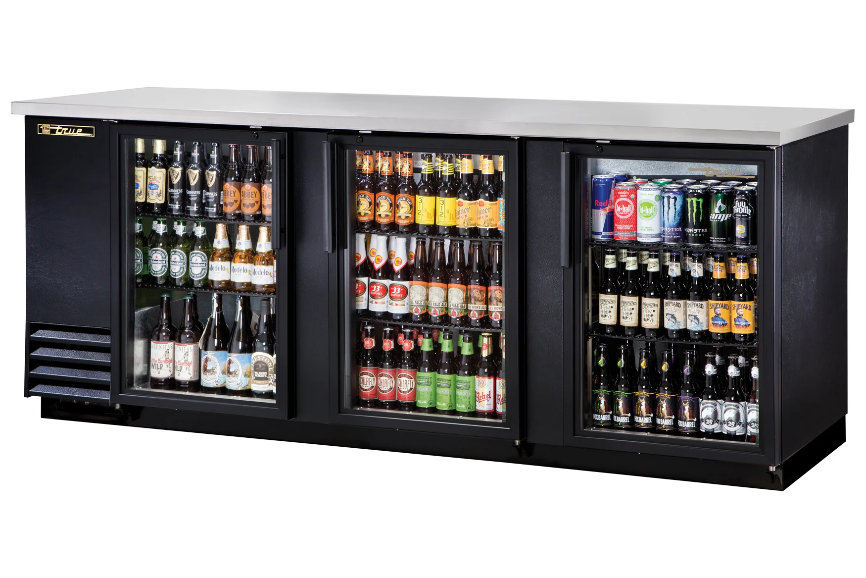 True TBB-4G-HC-LD Black 3 Glass Swing Door Back Bar Refrigerator 90"- Holds (152) 6-packs or (4) Half Barrels - 115v