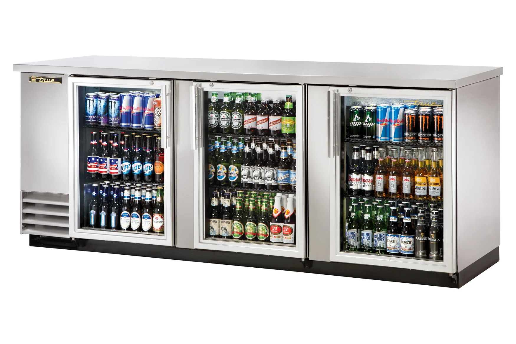 True TBB-4G-S-HC-LD Stainless Steel 3 Glass Swing Door Back Bar Refrigerator 90" - Holds (152) 6-packs or (4) Half Barrels -115v