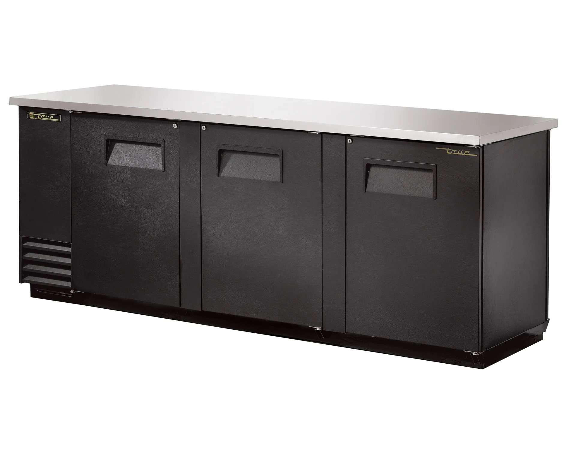 True TBB-4PT Black 3 Solid Swing Pass-Thru Back Bar Refrigerator 90" - Holds (152) 6-Packs or (4) Half Barrels - 115v