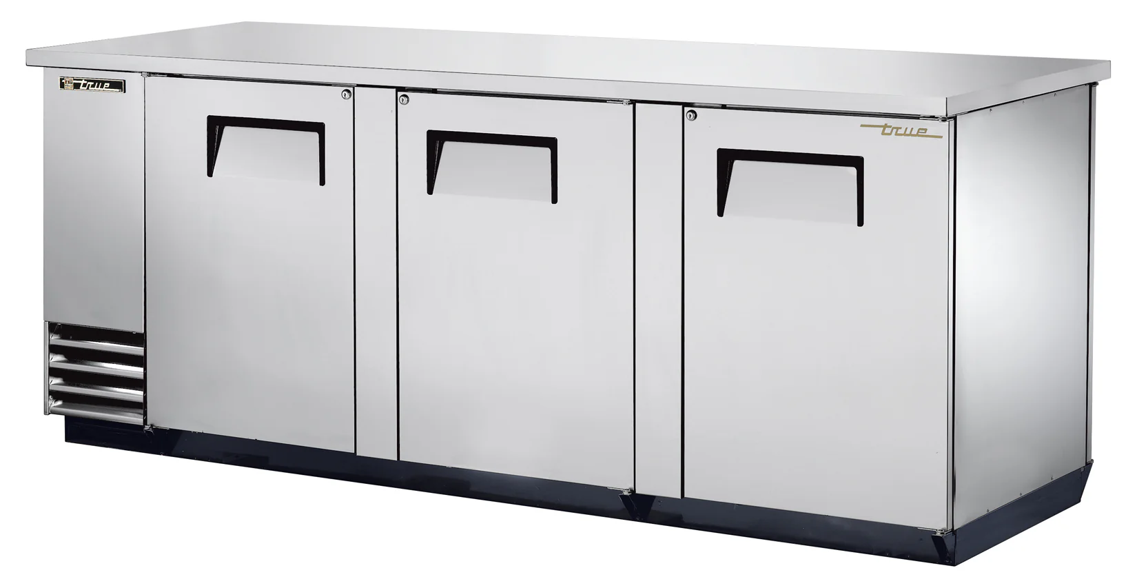 True TBB-4PT-S Stainless Steel 3 Solid Swing Door Pass-Thru Back Bar Refrigerator 90" - Holds (152) 6-Packs or (4) Half Barrels - 115v