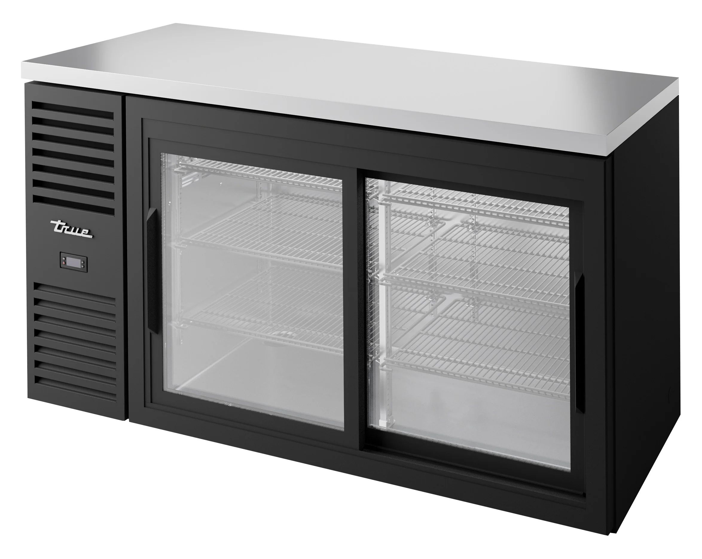 True TBR60-RISZ1-L-B-11-1 Black 2 Glass Slide Door Single Zone Back Bar Refrigerator 60" - Holds (101) 6-pack cans or (63) 6-pack bottles - 115v