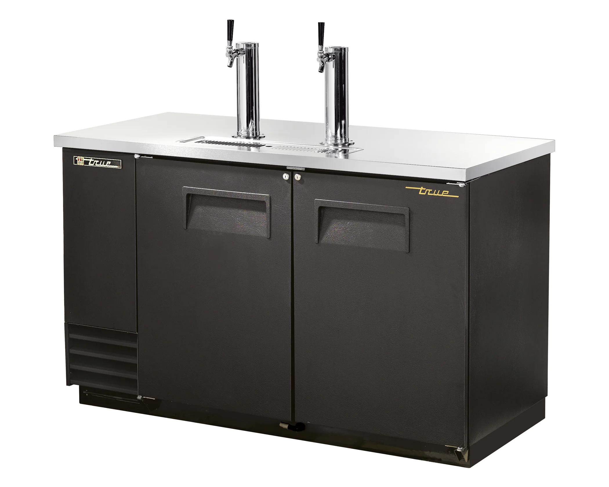True TDD-2-HC 2 Solid Swing Door Refrigerated Direct Draw Beer Dispenser with 2 Taps – Holds 2 Half Barrels 59" – 115V