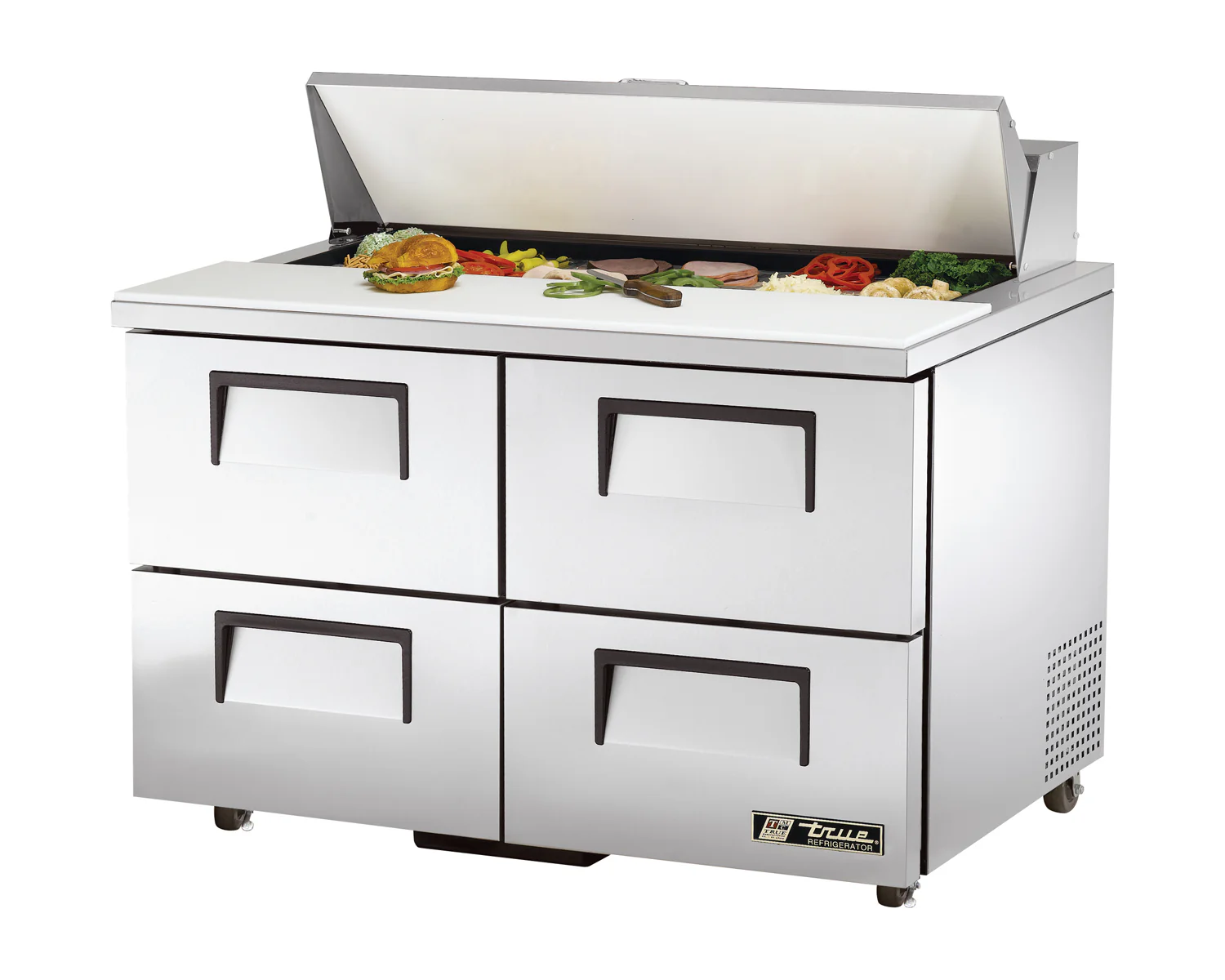 True TSSU-48-12D-4-HC 2-Section 4 Drawer Refrigerated Salad/Sandwich Prep Table 48" - Holds (12) 1/6 Size Pans - 115v