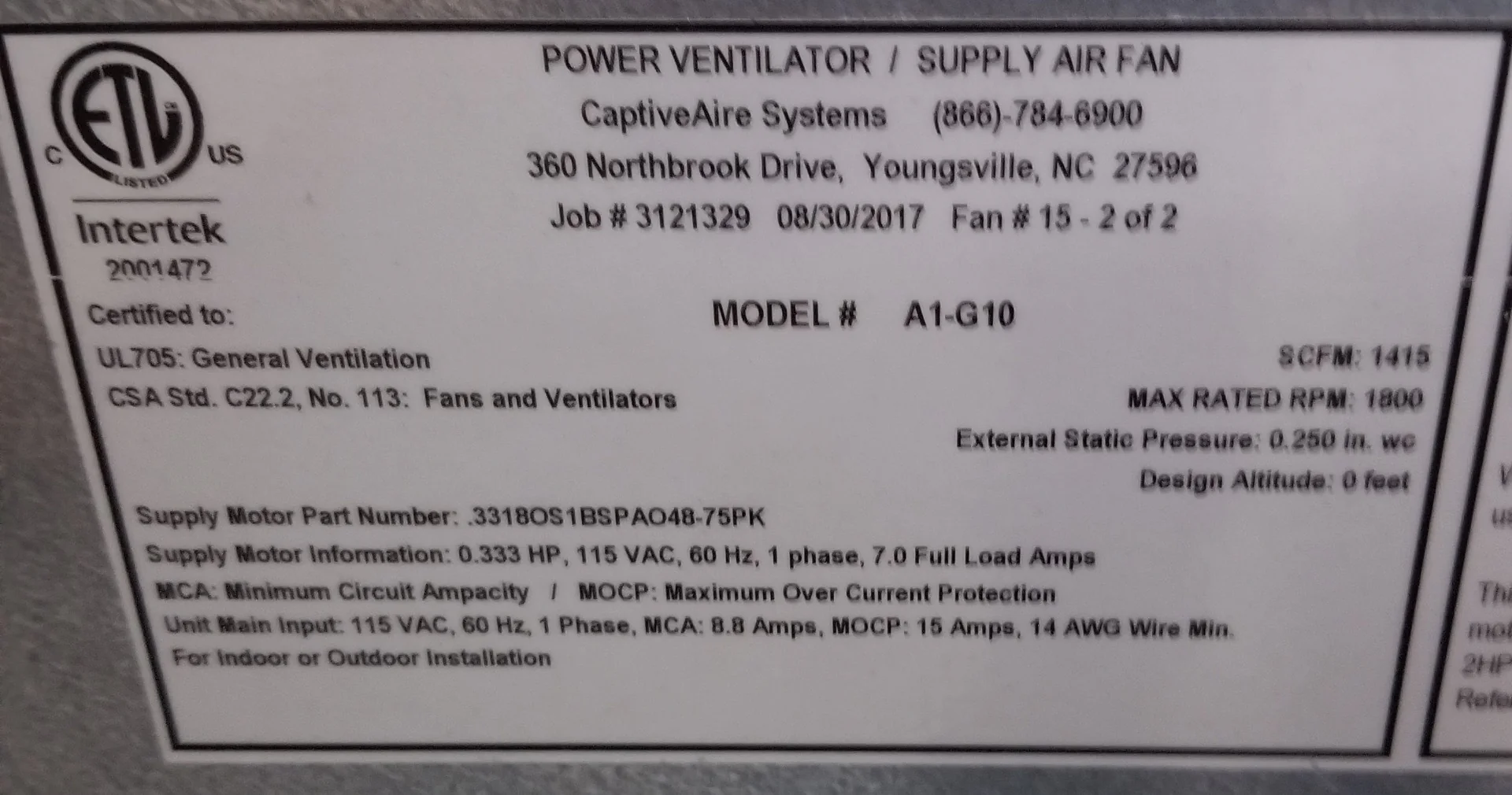 Used Restaurant Equipment - CaptiveAire A1-G10-1415 Make-Up Air fan 10" Blower, 1415 CFM - 115v - Image 4