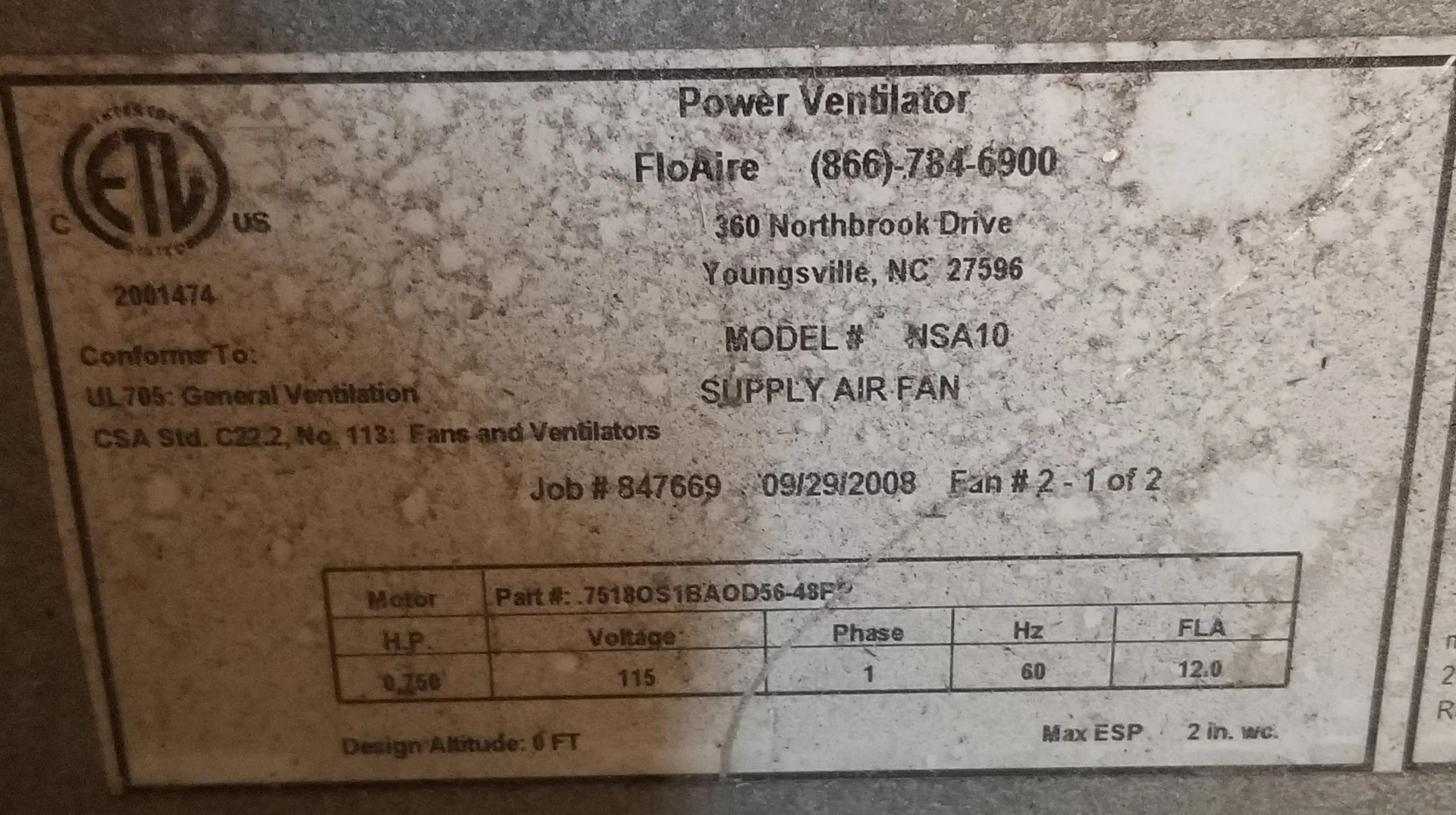 Used Restaurant Equipment - FloAire NSA10 Modular Rooftop Make-Up Air Fan - 115v/60/1, 3/4 HP, 12 FLA - Image 2