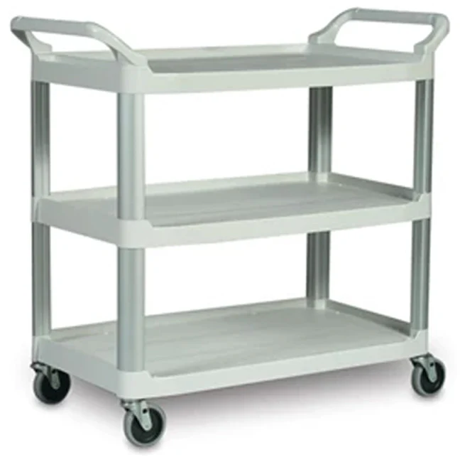 Rubbermaid FG342488PLAT 3 Shelf Utility Cart / Bus Cart 33" x 18" x 37"H - Platinum - 200 lb. Capacity - Image 3