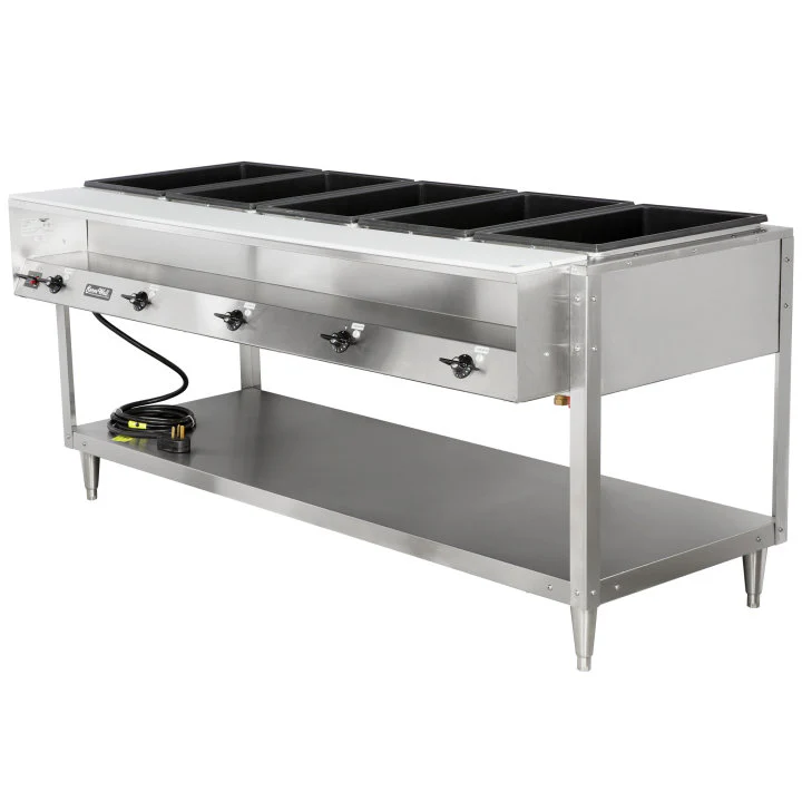 Vollrath 38119 ServeWell Electric 5-Well Hot Food Table with Plate Shelf & Cutting Board 76" - Sealed Well - 208-240v