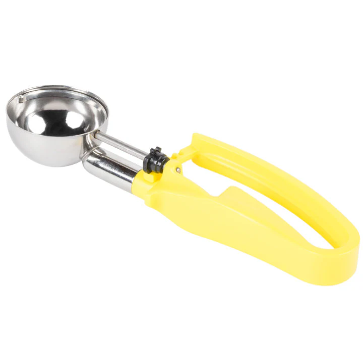 Vollrath 47396 Jacob's Pride Standard Length Disher with Royal Yellow Squeeze Handle 1.8 oz. - Size 20 - 12/Case - Image 3