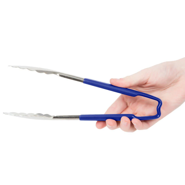 Vollrath 4780930 Jacob's Pride 1-Piece Stainless Steel Scalloped Utility Tongs with Color-Coded Kool-Touch Handle 9-1/2" - Blue - Image 5