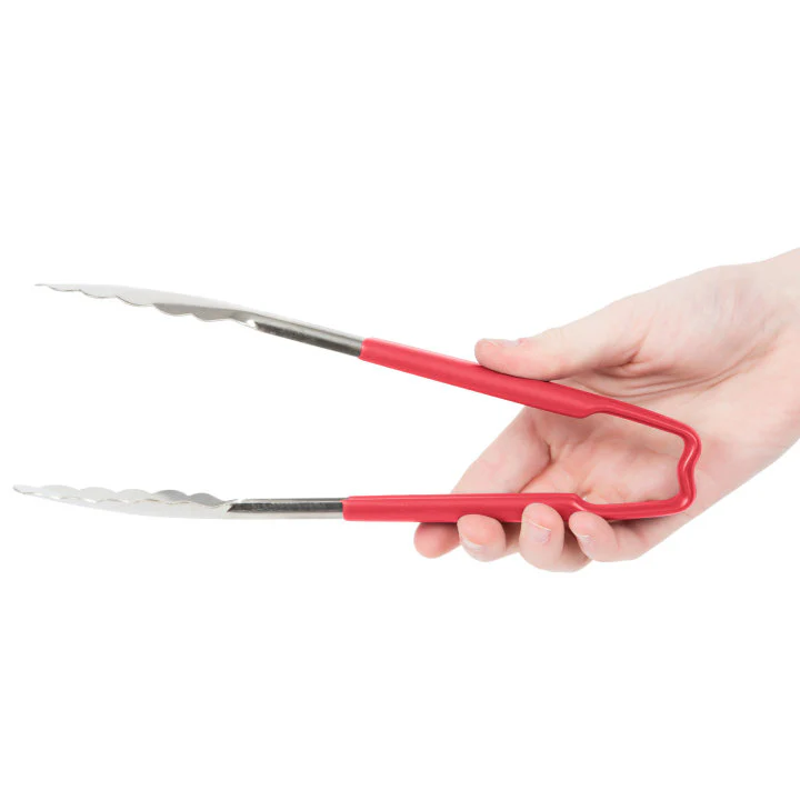 Vollrath 4780940 Jacob's Pride 1-Piece Stainless Steel Scalloped Utility Tongs with Color-Coded Kool-Touch Handle 9-1/2" - Red - Image 5
