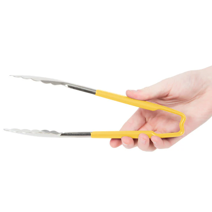 Vollrath 4780950 Jacob's Pride 1-Piece Stainless Steel Scalloped Utility Tongs with Color-Coded Kool-Touch Handle 9-1/2" - Yellow