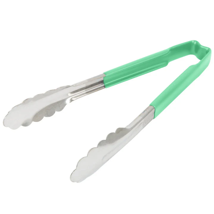 Vollrath 4780970 Jacob's Pride 1-Piece Stainless Steel Scalloped Utility Tongs with Color-Coded Kool-Touch Handle 9-1/2" - Green - Image 2