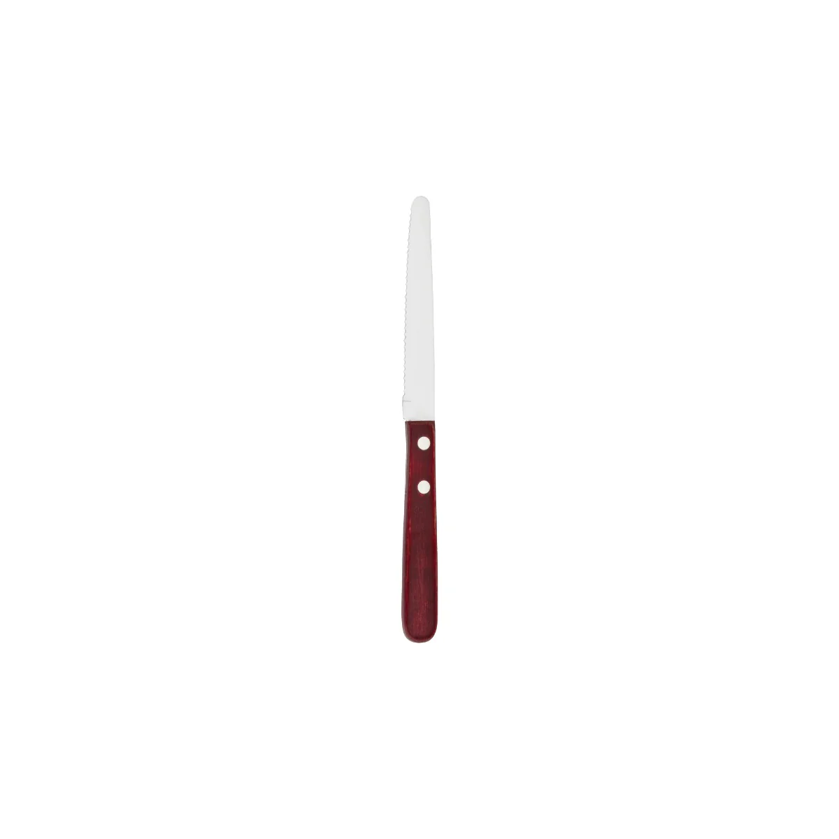 Walco WL970528 Stainless Steel Serrated Round Tip Steer Steak Knife with Red Polywood Handle 4-1/8" - 24/Box