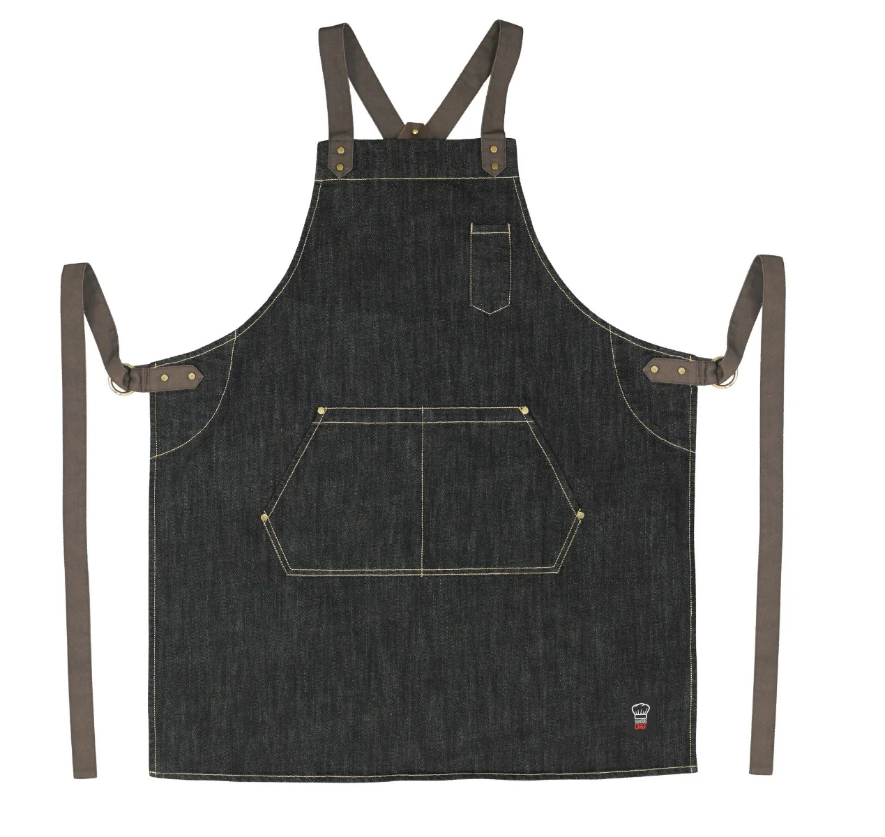 Winco BADN-3126 Signature Chef Heavyweight Full Length Denim Bib Apron with Brown Cross-Back Straps & 3 Pockets 31-3/4"L x 26-3/4"W - Dark Wash Blue - Image 2