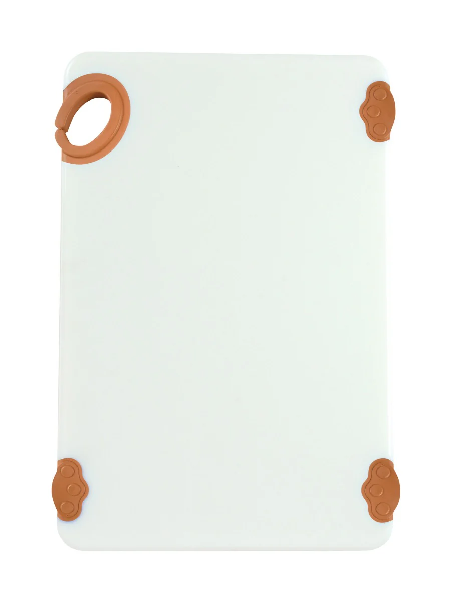 Winco CBN-1218BN STATIKBoard Co-Polymer HACCP Color-Coded Cutting Board with Rubber Grip Hook and Non-Slip Feet 12" x 18" x 1/2" - Brown / White - 6/Case