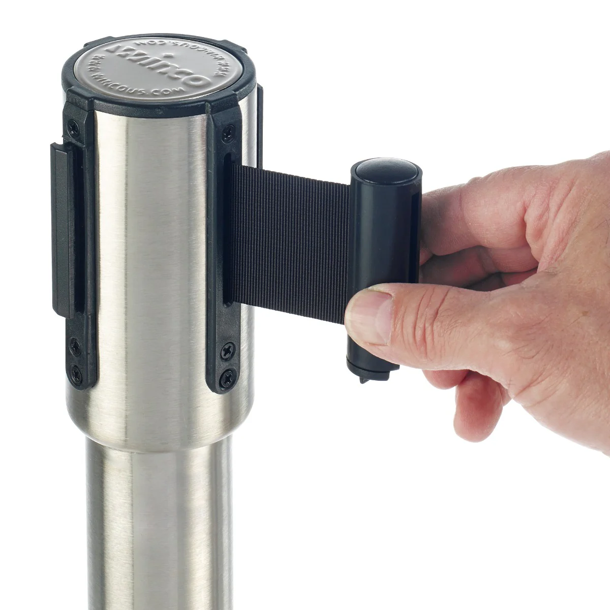 Winco CGS-38S Crowd Control Guidance System Stainless Steel Stanchion Post 35-1/2"H with 6-1/2' Retractable Belt - Silver - Image 2