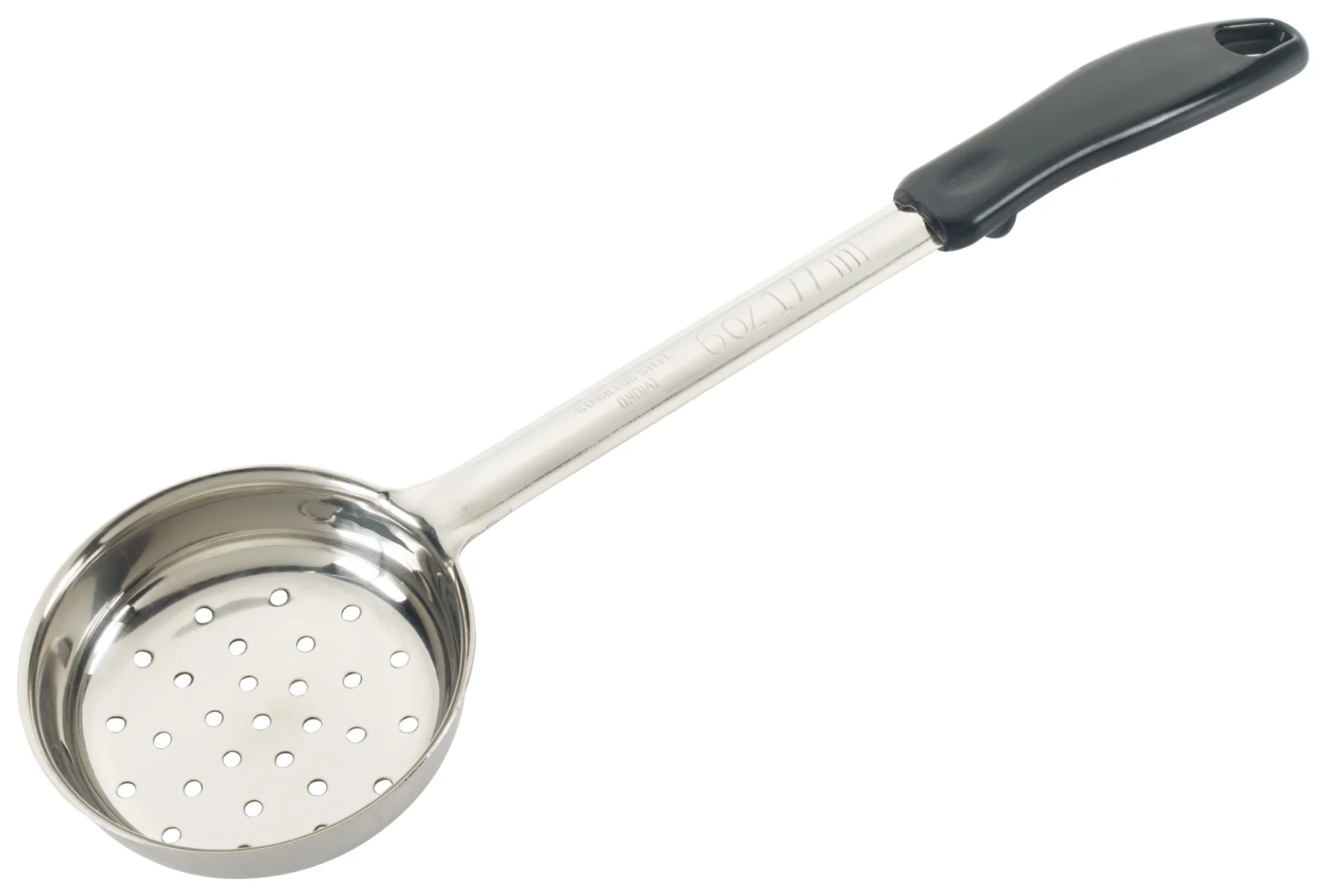 Winco FPP-6 One-Piece Stainless Steel Perforated Round Food Portioner with Black Plastic Handle 6 oz.