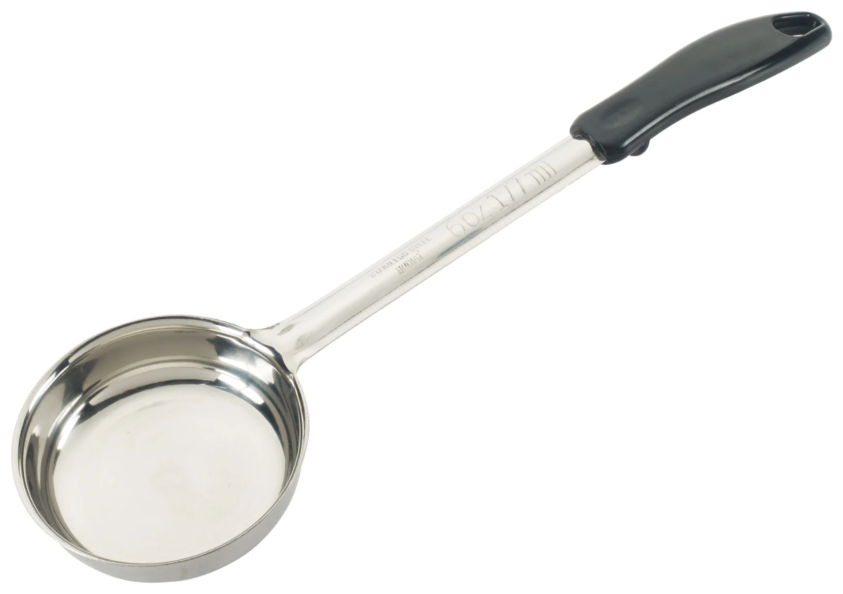 Winco FPS-6 One-Piece Stainless Steel Solid Round Food Portioner with Black Handle 6 oz.