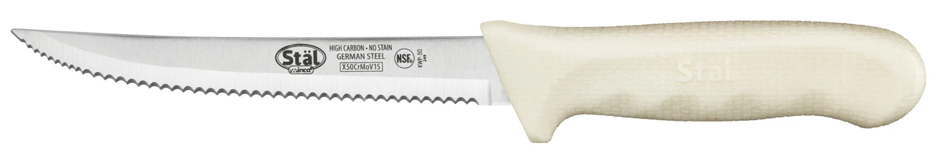 Winco KWP-50 Stal High Carbon Steel Wavy Edge Utility Knife with 5-1/2" Blade and White Polypropylene Offset Handle